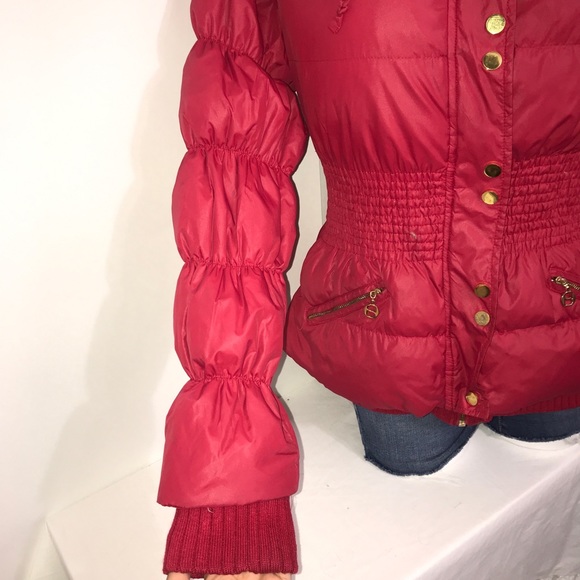 Bebe Cherry Red Bomber Puffer Gold Belted Jacket - Picture 3 of 15